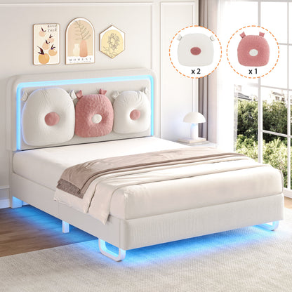 LAFGUR Twin Size Upholstered Bed Frame with LED Lights,Boucle Princess Platform Bed with Adjustable Headboard and Removable Pillows