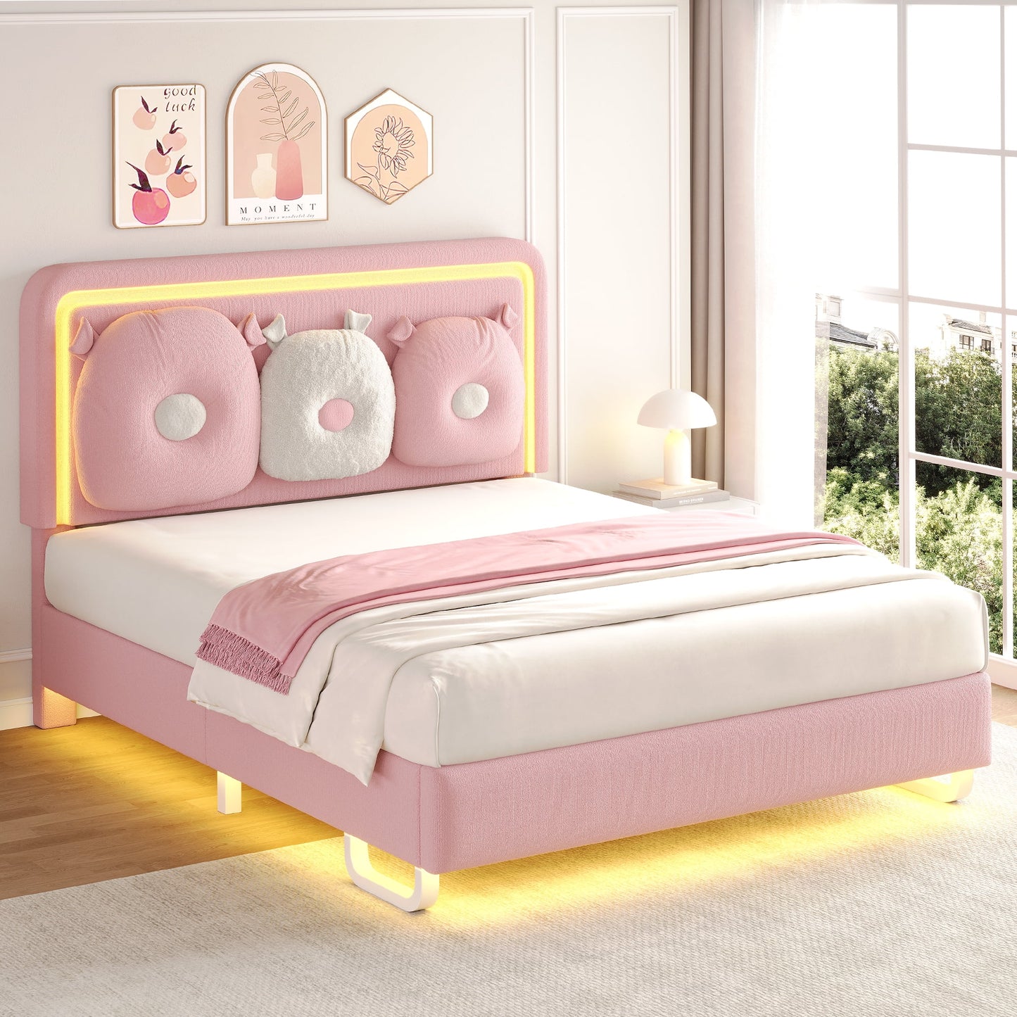 LAFGUR Twin Size Upholstered Bed Frame with LED Lights,Boucle Princess Platform Bed with Adjustable Headboard and Removable Pillows