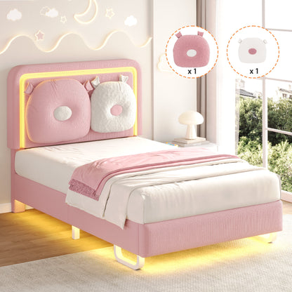 LAFGUR Twin Size Upholstered Bed Frame with LED Lights,Boucle Princess Platform Bed with Adjustable Headboard and Removable Pillows