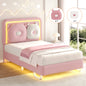 LAFGUR Twin Size Upholstered Bed Frame with LED Lights,Boucle Princess Platform Bed with Adjustable Headboard and Removable Pillows