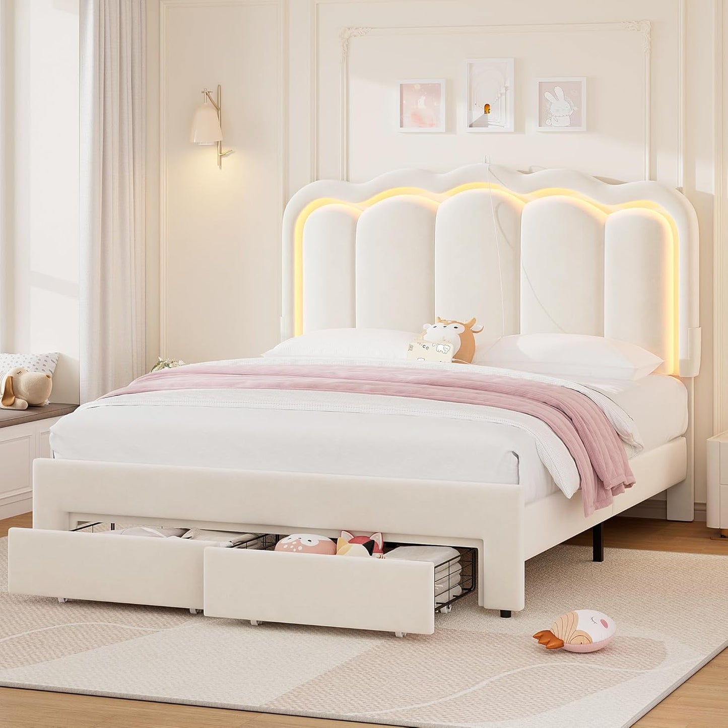 LAFGUR Full Size LED Bed Frame with 2 Storage Drawer and Adjustable Wavy Headboard,Velvet Upholstered Platform Bed with Charing Station