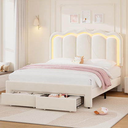 LAFGUR Full Size LED Bed Frame with 2 Storage Drawer and Adjustable Wavy Headboard,Velvet Upholstered Platform Bed with Charing Station
