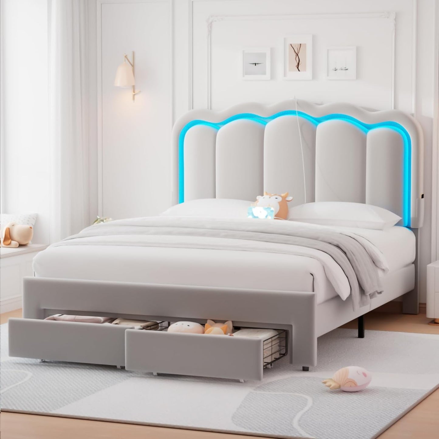 LAFGUR Full Size LED Bed Frame with 2 Storage Drawer and Adjustable Wavy Headboard,Velvet Upholstered Platform Bed with Charing Station
