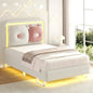 LAFGUR Twin Size Upholstered Bed Frame with LED Lights,Boucle Princess Platform Bed with Adjustable Headboard and Removable Pillows