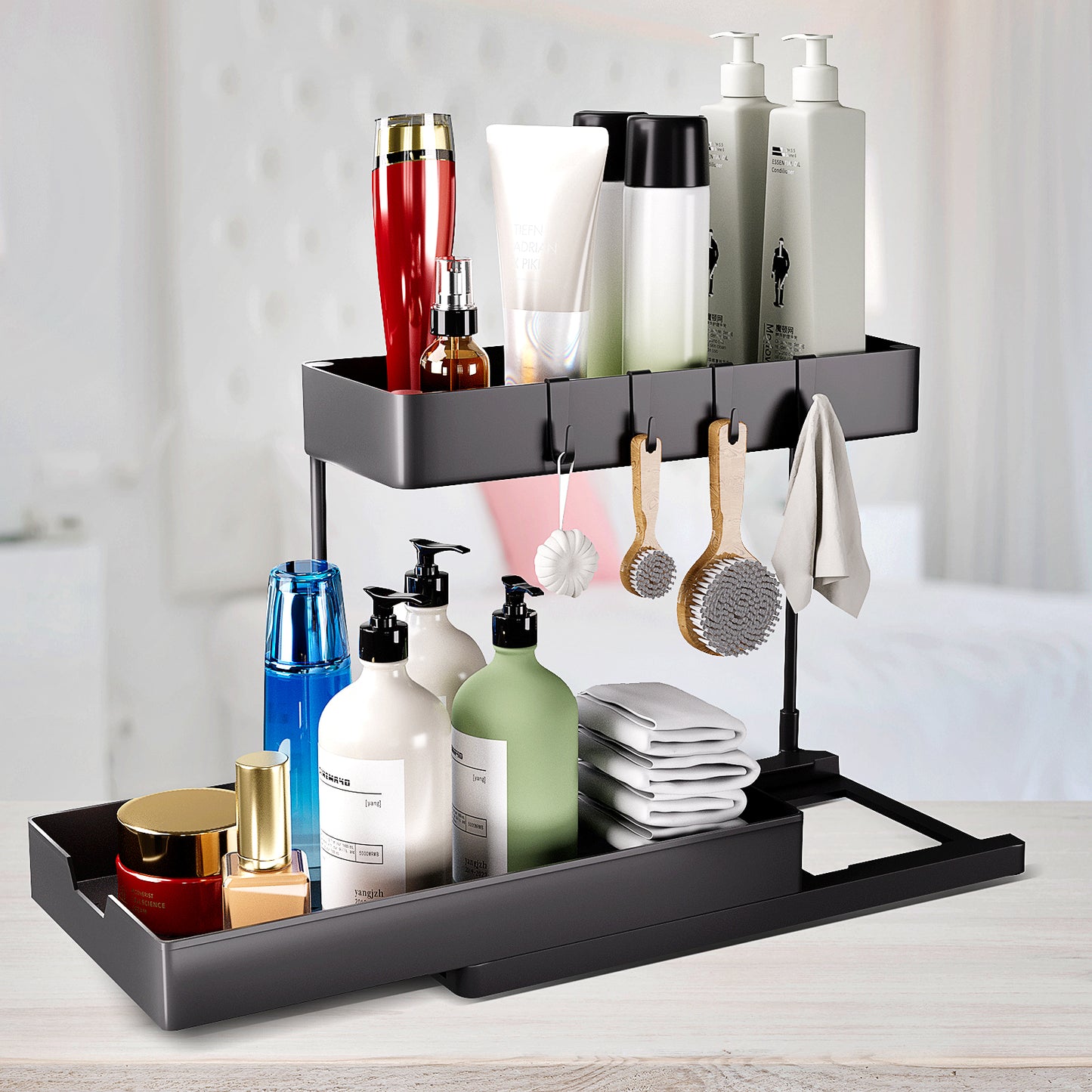 Under Sink Organizer, 2 Tier Bathroom Cabinet Organizer with Sliding Basket, Multi-Purpose Under Sink Organizers and Storage for Bathroom Kitchen