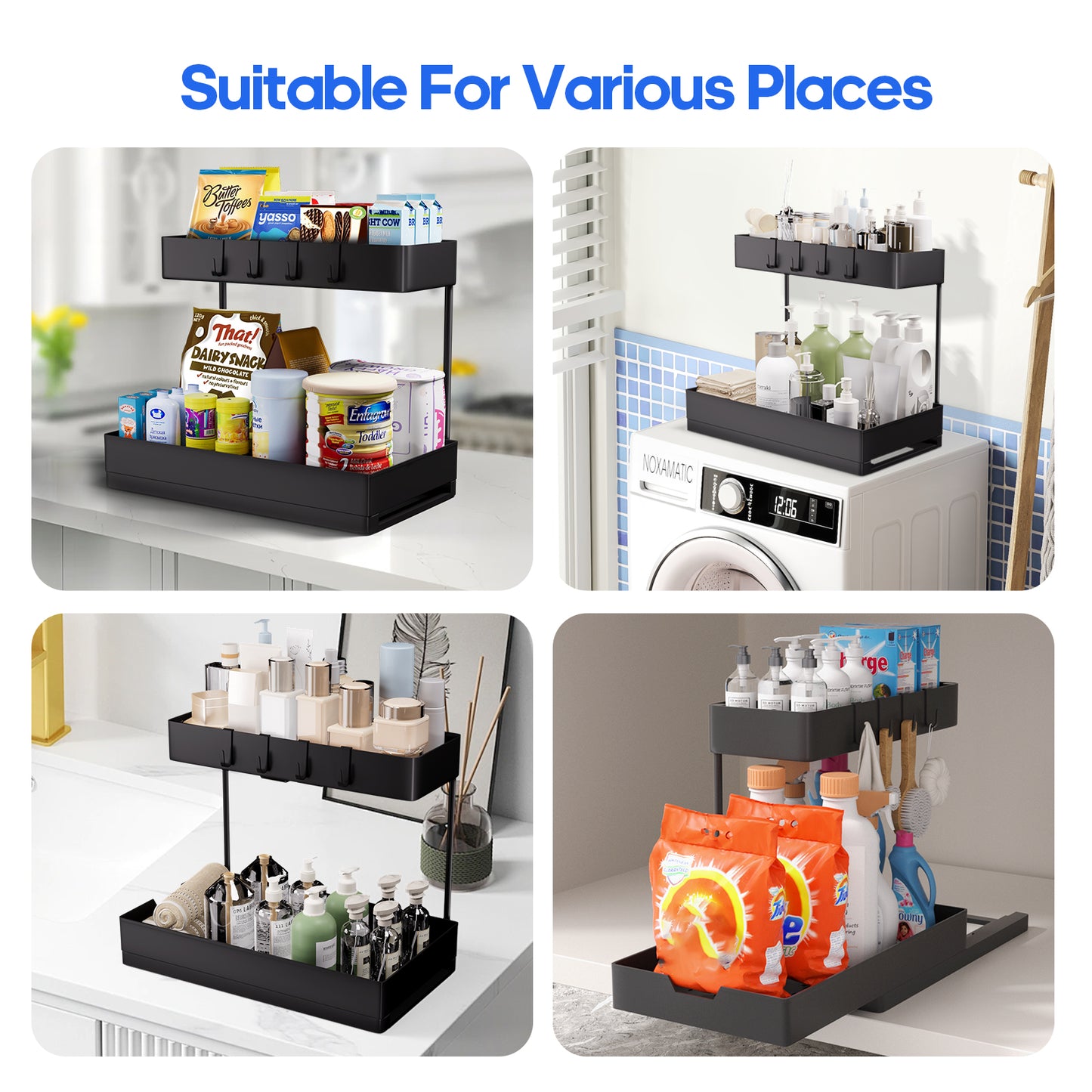 Under Sink Organizer, 2 Tier Bathroom Cabinet Organizer with Sliding Basket, Multi-Purpose Under Sink Organizers and Storage for Bathroom Kitchen