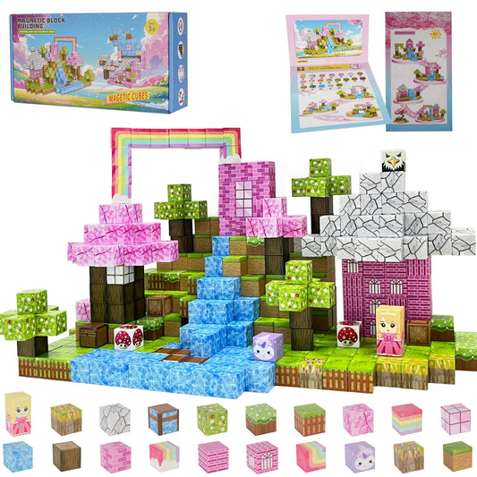 100 PCS Magnetic Blocks- magnetic block Pink Castle Set for 3-5 Years Old 6-8 Years Old Boys and Girls, Sensory Toys for Toddlers, Gifts for Birthday Christmas