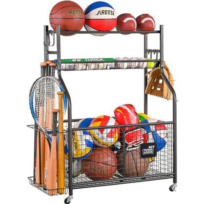 Garage Sports Equipment Organizer, Ball Storage with Hooks and Baskets for Indoor Outdoor