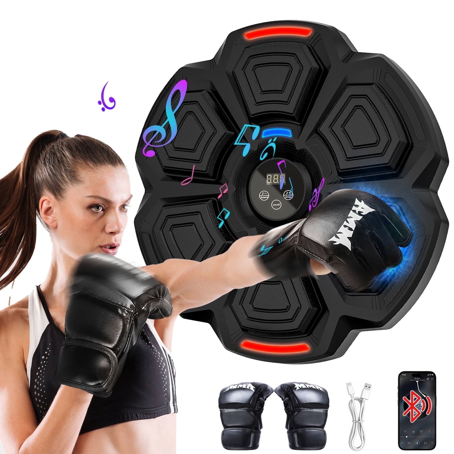 New Smart Music Boxing Machine with Boxing Gloves, Bluetooth Training Machine with LED Electronic Wall Mounted, Music Boxing Target Workout Punching Equipment for Kids and Adults