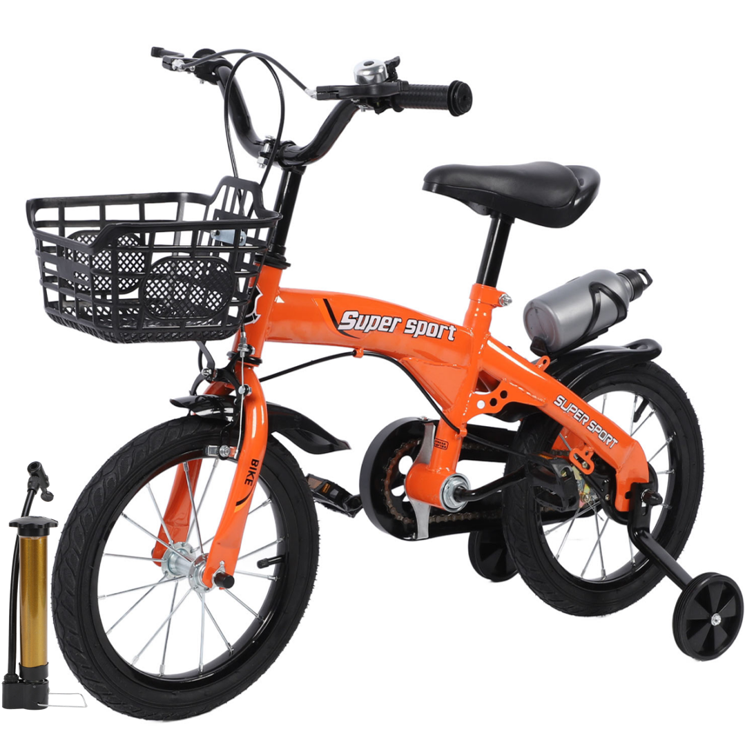 14" 16" 18" Kids Bike with Training Wheels, Height Adjustable Kid's Bicycle with Basket/Water Bottle/Inflator/Bell, Christmas Birthday New Year Gifts for Girls Boys Toddlers Kids 3 to 12 Years Old