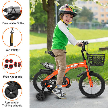 14" 16" 18" Kids Bike with Training Wheels, Height Adjustable Kid's Bicycle with Basket/Water Bottle/Inflator/Bell, Christmas Birthday New Year Gifts for Girls Boys Toddlers Kids 3 to 12 Years Old