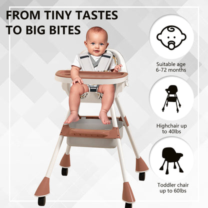 High Chair, Baby High Chair Coffee Red Removable Cushion 3 Levels Height Adjustable For Home Use For 6 Months To 6 Years Old Toddler