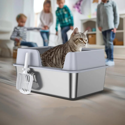 Stainless Steel Litter Box, Side Entry Scratch Proof Versatile Enclosed High Sides Litter Box Secure Structure For Small Medium Cats