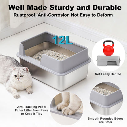 Stainless Steel Litter Box, Side Entry Scratch Proof Versatile Enclosed High Sides Litter Box Secure Structure For Small Medium Cats