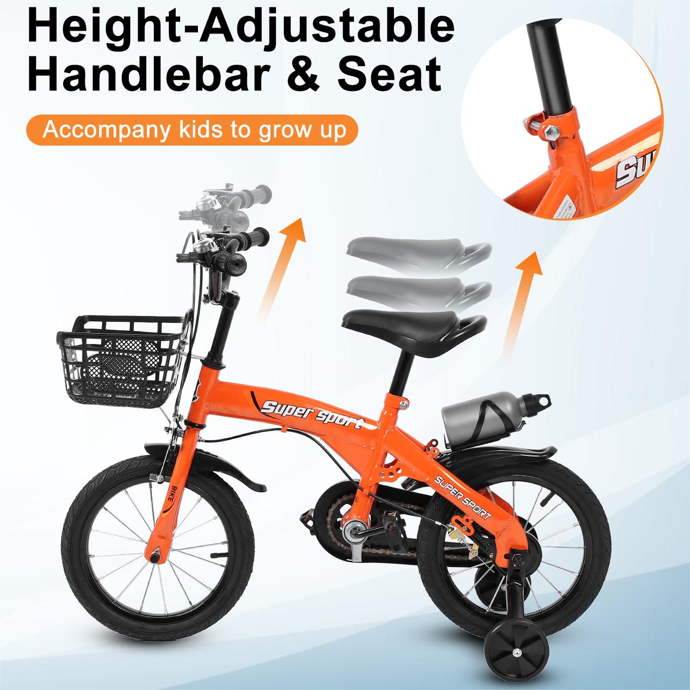 14" 16" 18" Kids Bike with Training Wheels, Height Adjustable Kid's Bicycle with Basket/Water Bottle/Inflator/Bell, Christmas Birthday New Year Gifts for Girls Boys Toddlers Kids 3 to 12 Years Old