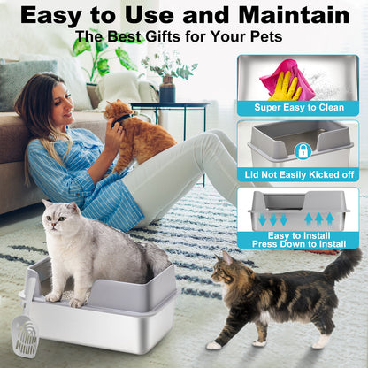 Stainless Steel Litter Box, Side Entry Scratch Proof Versatile Enclosed High Sides Litter Box Secure Structure For Small Medium Cats