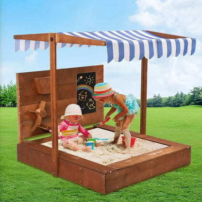Wooden Sandbox with Cover, Sand Pit With Adjustable Cover & Sand Funnel & Drawing Board, Kids Outdoor Sand Box Play For Backyard, Garden, Beach, Outdoor Patio