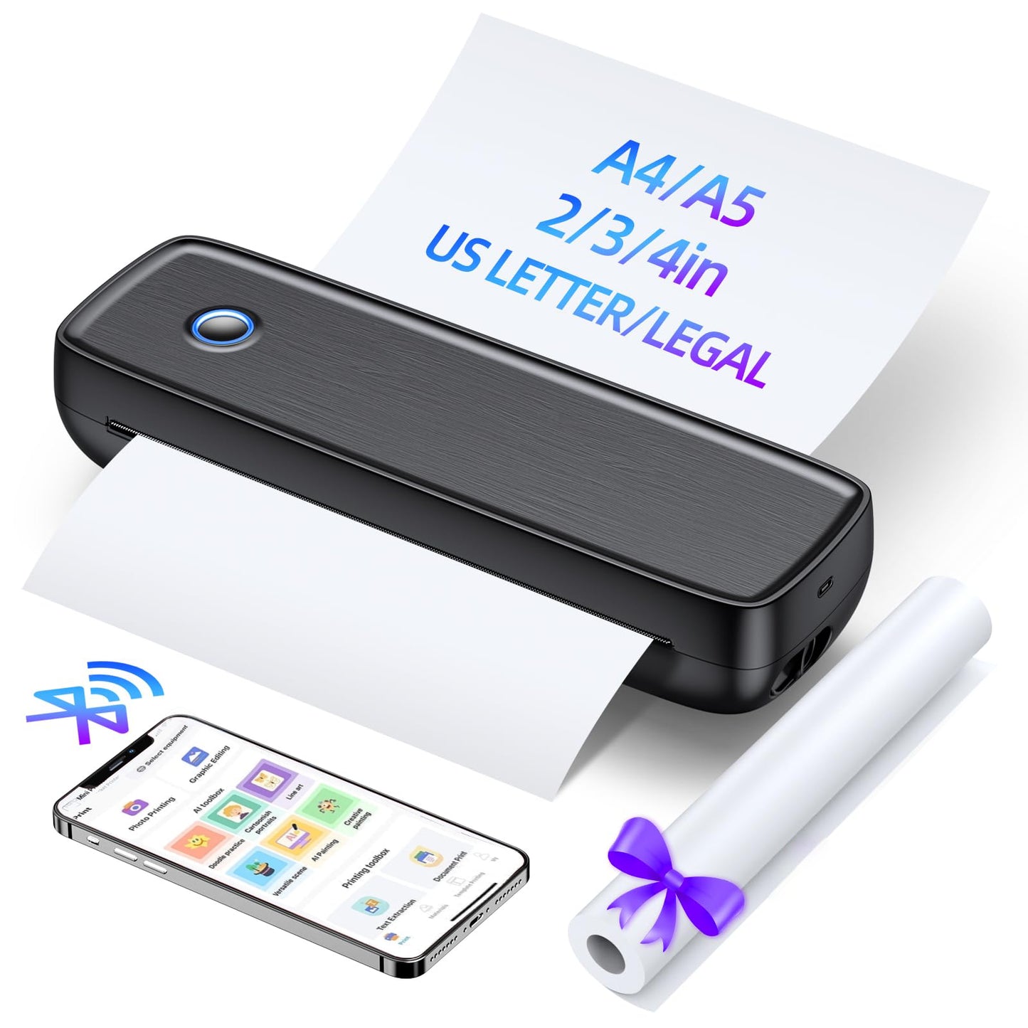 Portable Printers Wireless for Travel, Bluetooth Thermal Printer Support 8.5" X 11" US Letter, Inkless Printer for A4 Thermal Paper, Compatible with Android iOS & Laptop for Office Car Home, Black