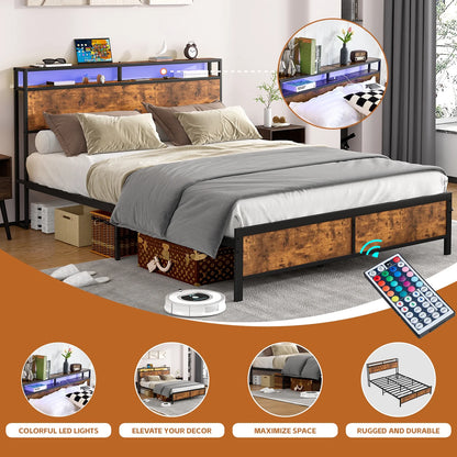 LED Bed Frame Queen Size with 2 USB Ports and Outlets, Platform Metal Bed Frame and Headboard, No Box Spring Needed, Noise-Free(Rustic Brown-Queen)