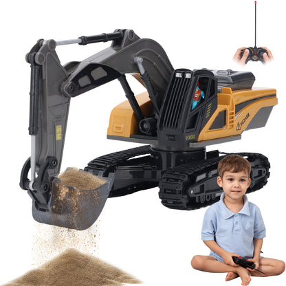 Remote Control Excavator Toys with Metal Shovel & Lights, 8 Channel RC Truck Rechargeable Tractor Toy Gift for Boys Girls Kids 3-8 Years Old