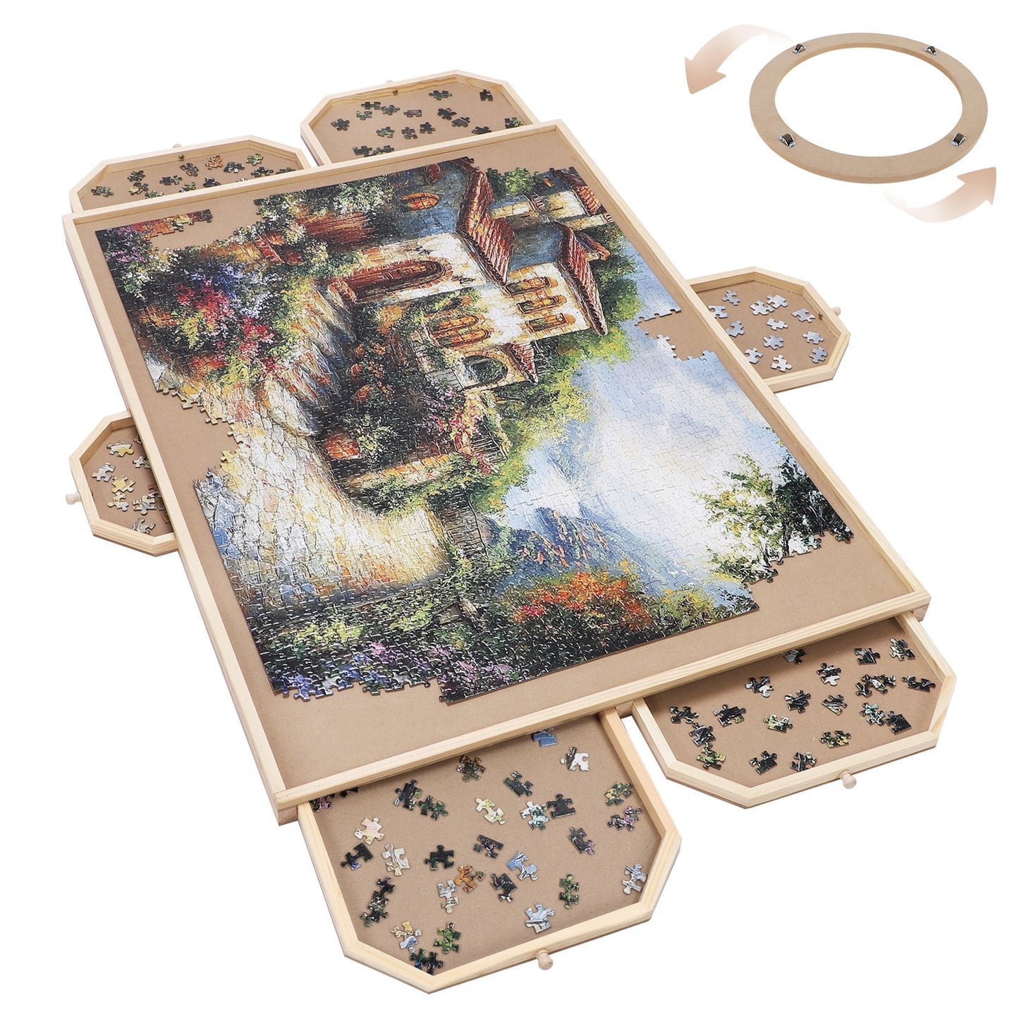 Rotating Puzzle Board With Drawer Cover, 34x26 Inch Wooden Puzzle Table,Portable Puzzle Tables for Adults and Kids