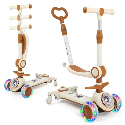 3-In-1 Kids Scooter With 3 LED Light Wheels,Kick Scooter With Folding Seat and Push Bar
