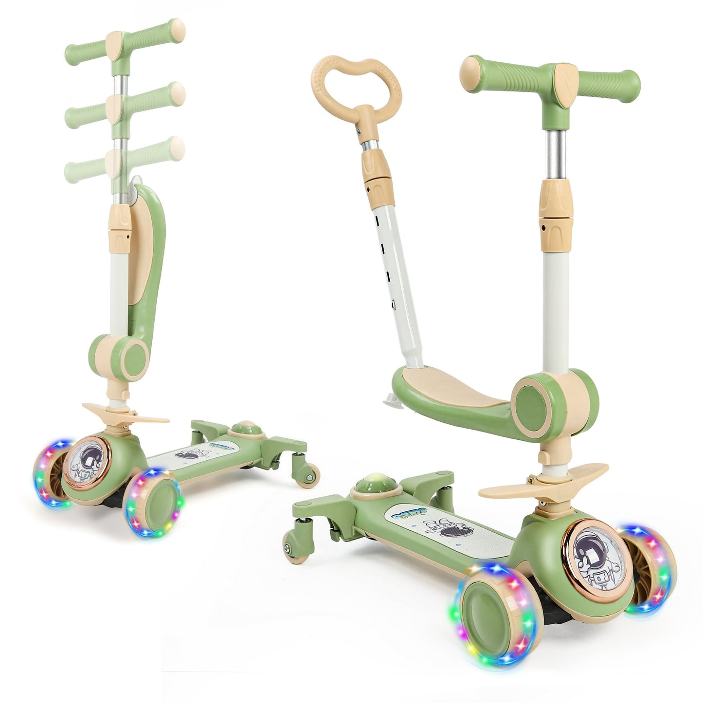 3-In-1 Kids Scooter With 3 LED Light Wheels,Kick Scooter With Folding Seat and Push Bar