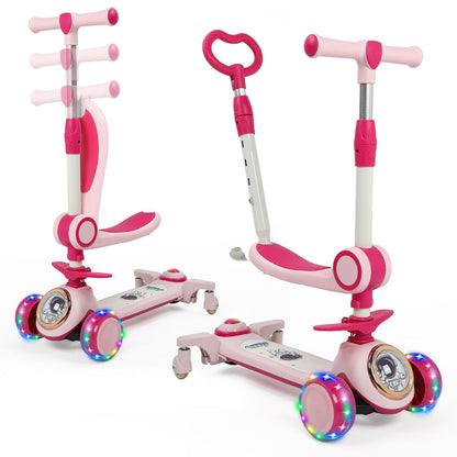 3-In-1 Kids Scooter With 3 LED Light Wheels,Kick Scooter With Folding Seat and Push Bar