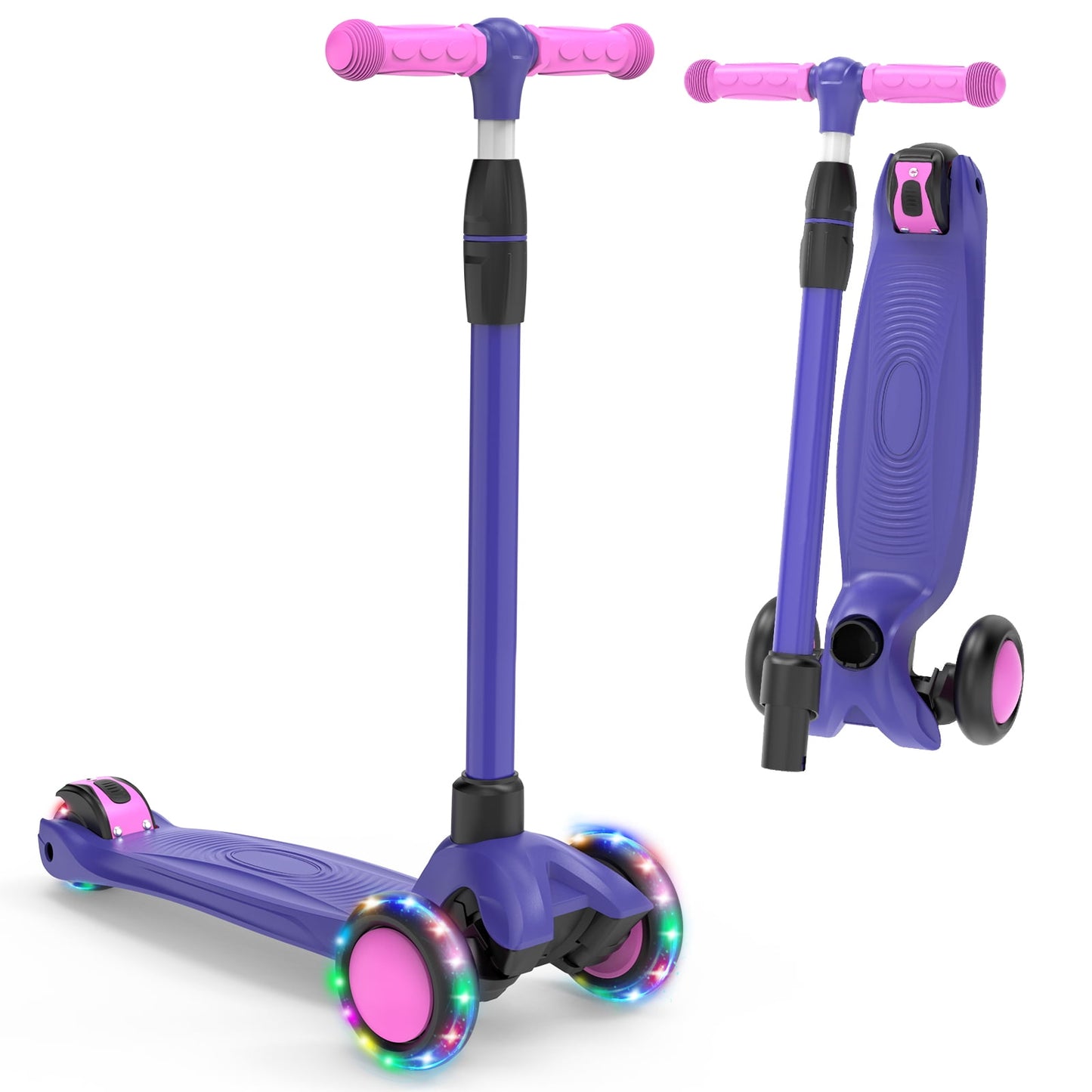 SPPTTY Kick Scooter with 3 LED Lighted Wheels and 3 Adjustable Height Handlebars ,Folding Kids Scooter with Lean-to-Steer & Widen Anti-Slip Deck for Boys/Girls Ages 2-12