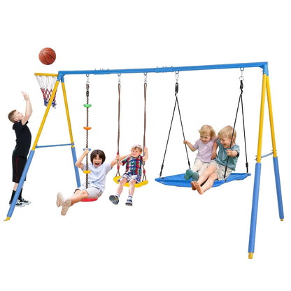4 in 1 Swing Sets for Outside,kids Metal Swing Set with Saucer Swing,Climbing Rope,Basketball Hoop