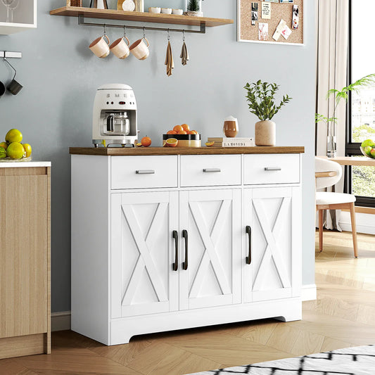 Kitchen Buffet Sideboard Cabinet, 3 Drawers Farmhouse Coffee Bar Storage Cabinet with Adjustable Shelf, White-5539725456