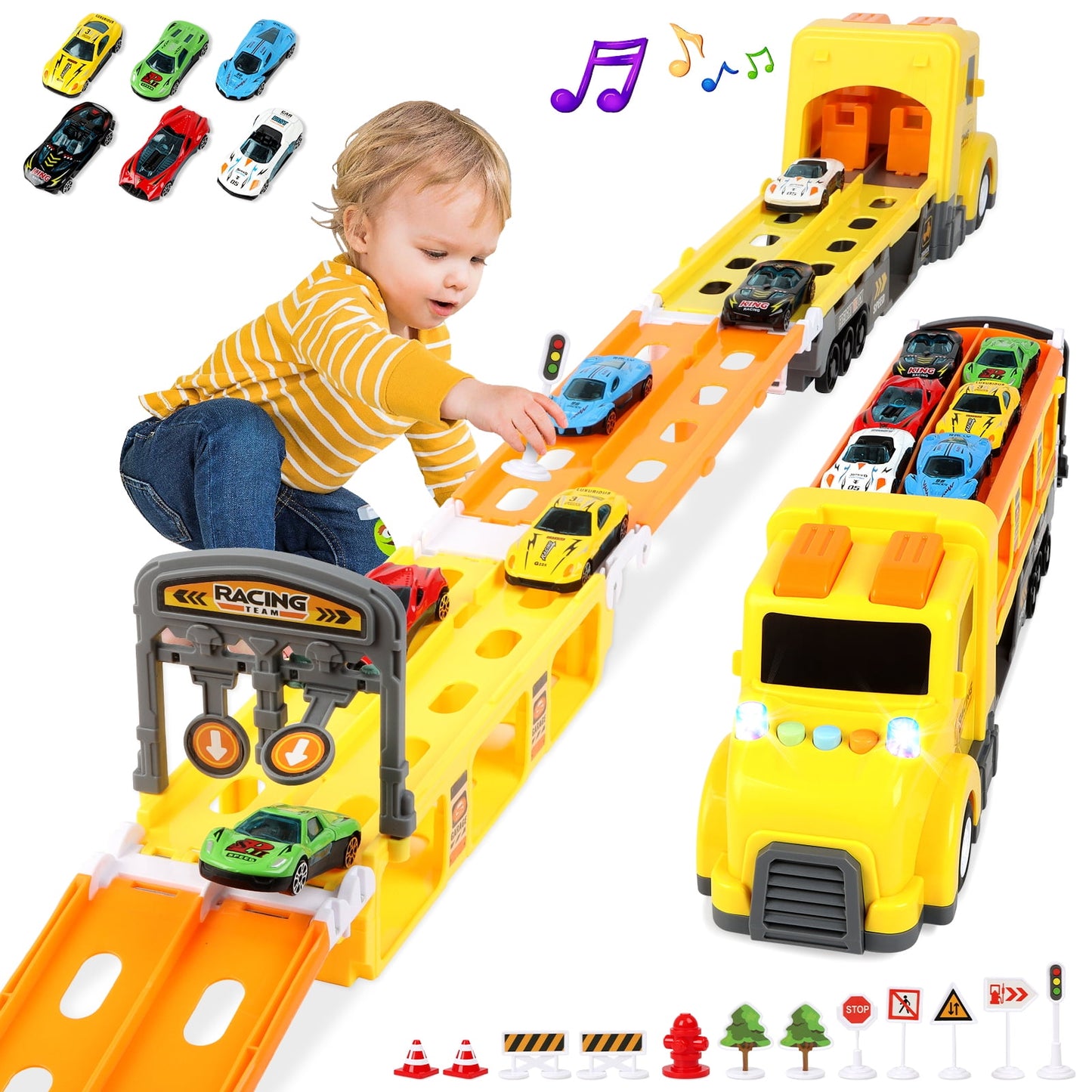 7 in 1 Carrier Truck Toy Cars for Toddlers 1-3 with Light and Sound, Christmas Birthday Gifts, Yellow