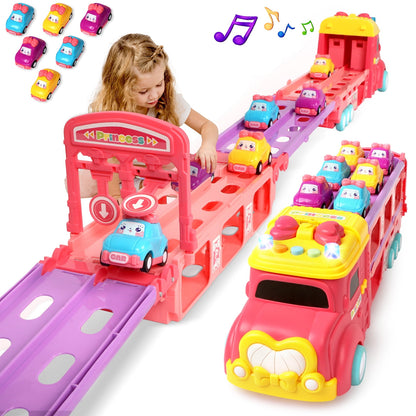 7 in 1 Carrier Truck Toy Cars for Toddlers 1-3 with Light and Sound, Christmas Birthday Gifts, Pink