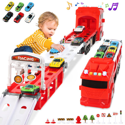 7 in 1 Carrier Truck Toy Cars for Toddlers 1-3 with Light and Sound, Christmas Birthday Gifts, Red