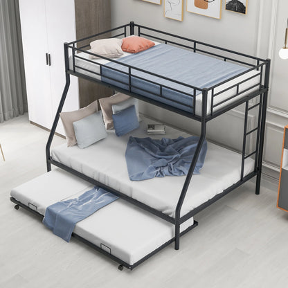 Twin over Full Bunk Bed with Trundle, Heavy-Duty Metal Triple Beds w/Two Side Ladders & Safety Guard Rail, 3 in 1 Bunk Beds for Kids Teens, Black