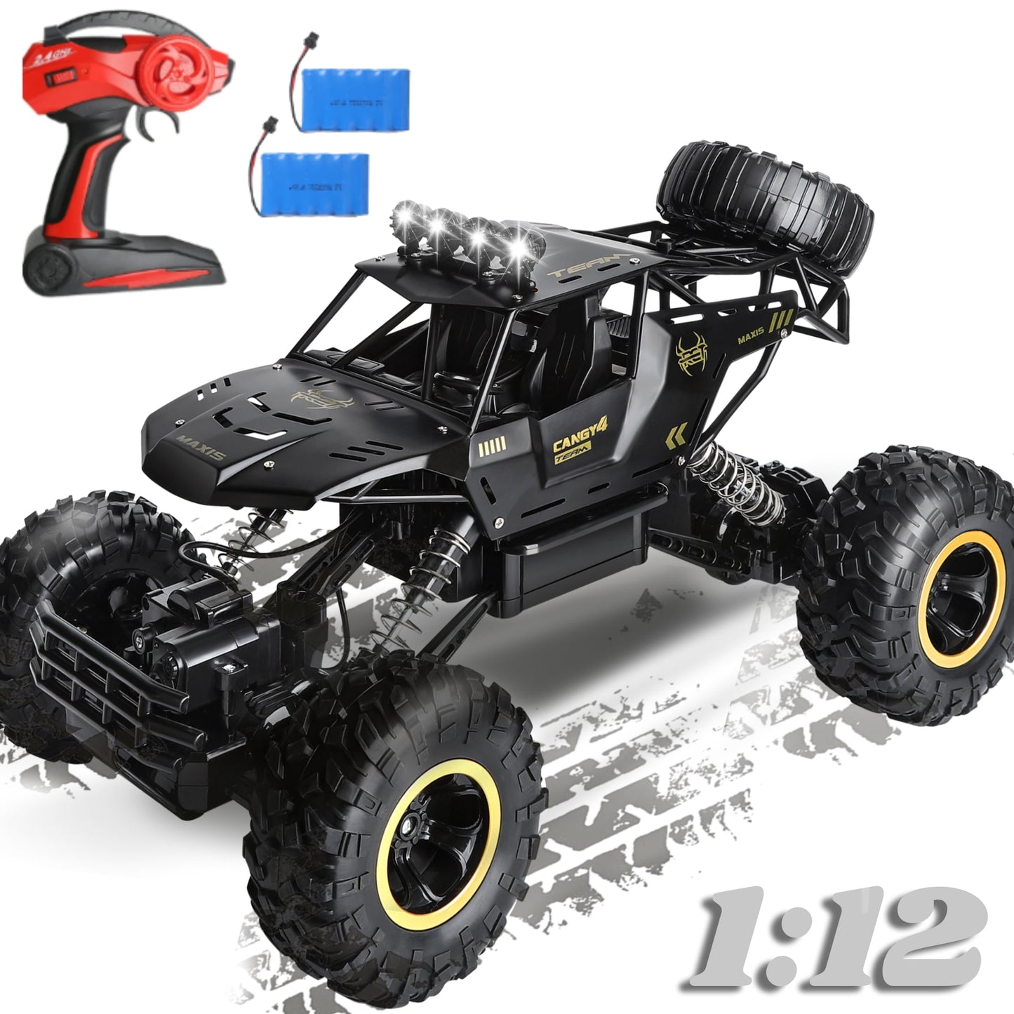 Alloy Off Road RC Truck 1:12 Electric Rock Crawler 4X4 RTR RC Crawler 2.4GHz RC Car Toy Crawling Remote Control Car for Kids Adults Beginners, 2 Batteries