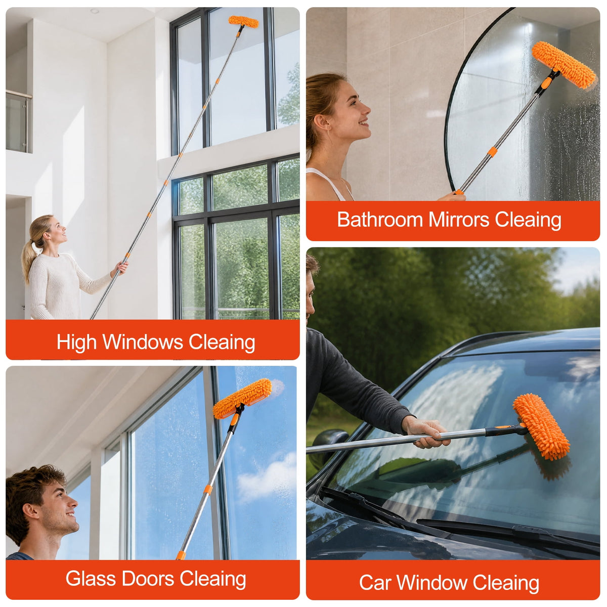 FAGNEY High Window Squeegee Kit 2 in 1 Long Handle Glass Window Cleaner Tool with Extension Pole for High Windows, Orange