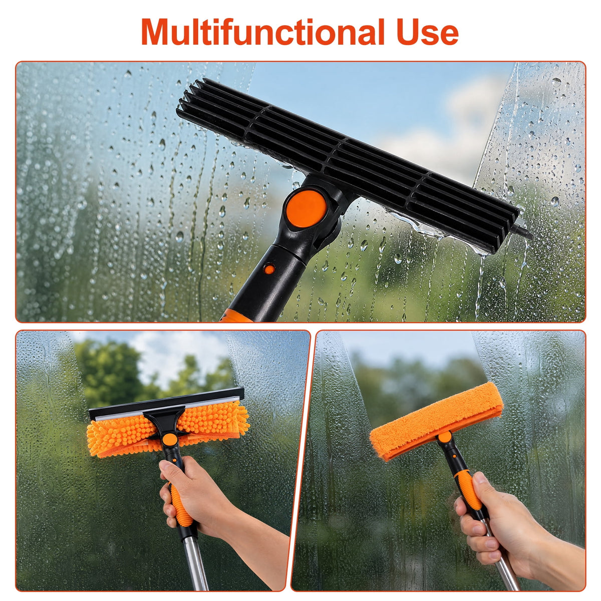 FAGNEY High Window Squeegee Kit 2 in 1 Long Handle Glass Window Cleaner Tool with Extension Pole for High Windows, Orange