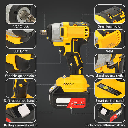 Cordless Impact Wrench 1/2", 21V Powerful Brushless Motor w/ 2-Mode Speed, Power Impact Wrench W/ 5 Sockets,8 Drill,8 Screws, Max 280 ft-lbs (280N.m), Includes 2 x 4.0A Batterie