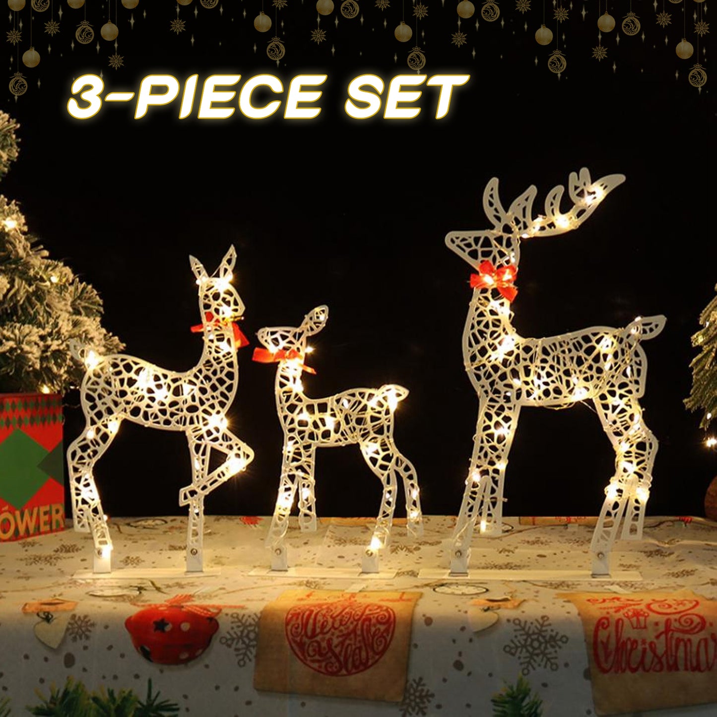 3 Piece Lighted Christmas Deer Set Outdoor Yard Decoration with 360 LED Lights, Home Warm White Light for Christmas Xmas Gift