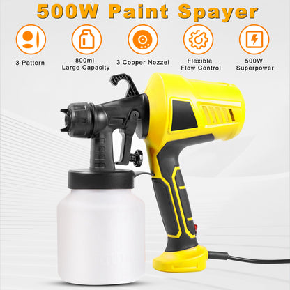 Paint Sprayer, 500W Handheld Electric Paint Sprayer with 3 Nozzles, 3 Patterns with 800ml Container, Easy to Clean, for Furniture, DIY Works,Home Fence