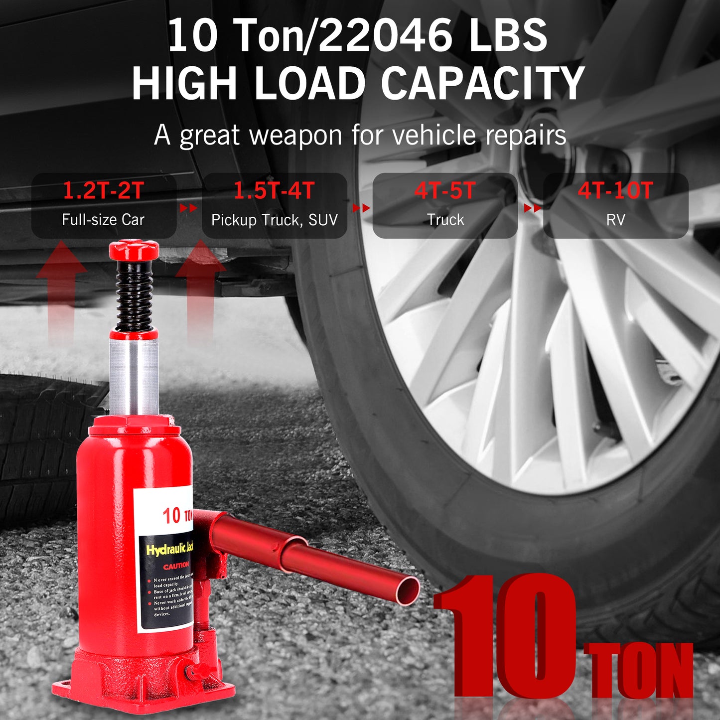 10 Ton Welded Bottle Jack Hydraulic Car Jack, (22046 lbs) Capacity, Red, Hand Operated Low Position Bottle Jack