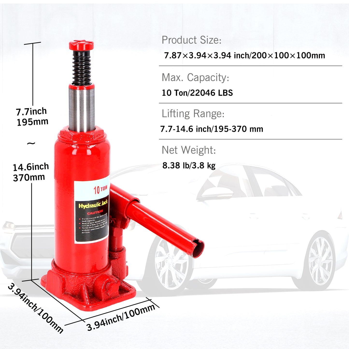 10 Ton Welded Bottle Jack Hydraulic Car Jack, (22046 lbs) Capacity, Red, Hand Operated Low Position Bottle Jack