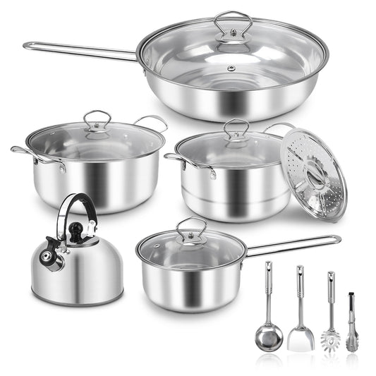 14 Piece Stainless Steel Cookware Set, Nonstick Pots and Pans Set with Glass Lids, Kitchen Induction Cookware with Utensil Sets for Oven & Dishwasher Safe, Premium Kitchen Cooking Set