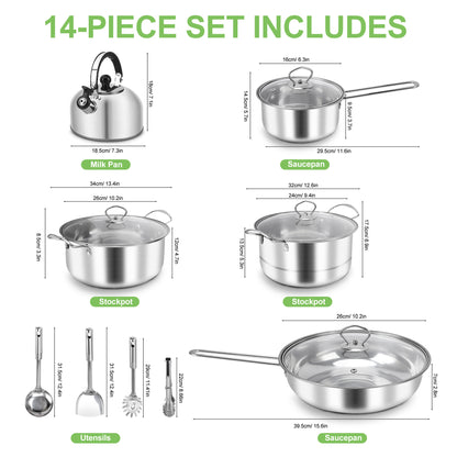 14 Piece Stainless Steel Cookware Set, Nonstick Pots and Pans Set with Glass Lids, Kitchen Induction Cookware with Utensil Sets for Oven & Dishwasher Safe, Premium Kitchen Cooking Set