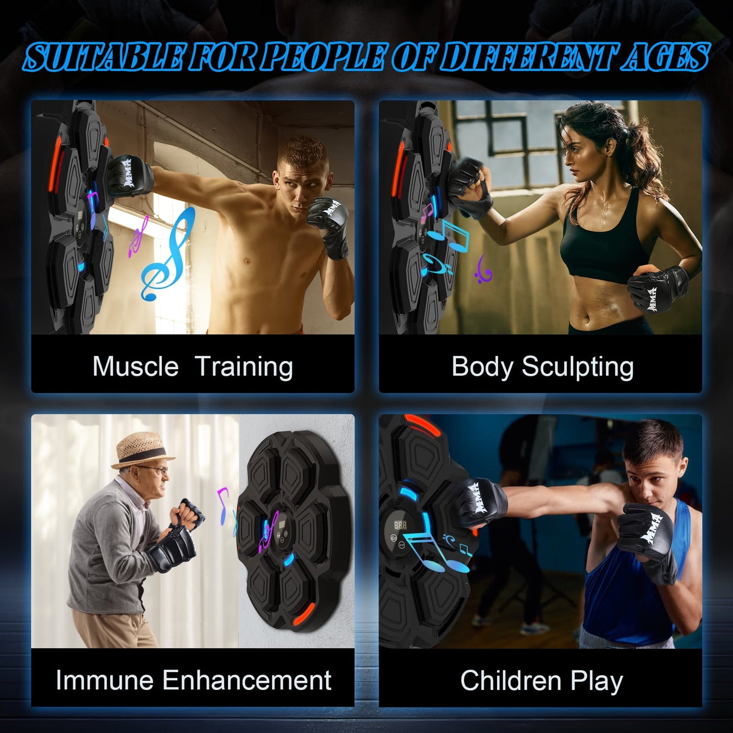 New Smart Music Boxing Machine with Boxing Gloves, Bluetooth Training Machine with LED Electronic Wall Mounted, Music Boxing Target Workout Punching Equipment for Kids and Adults