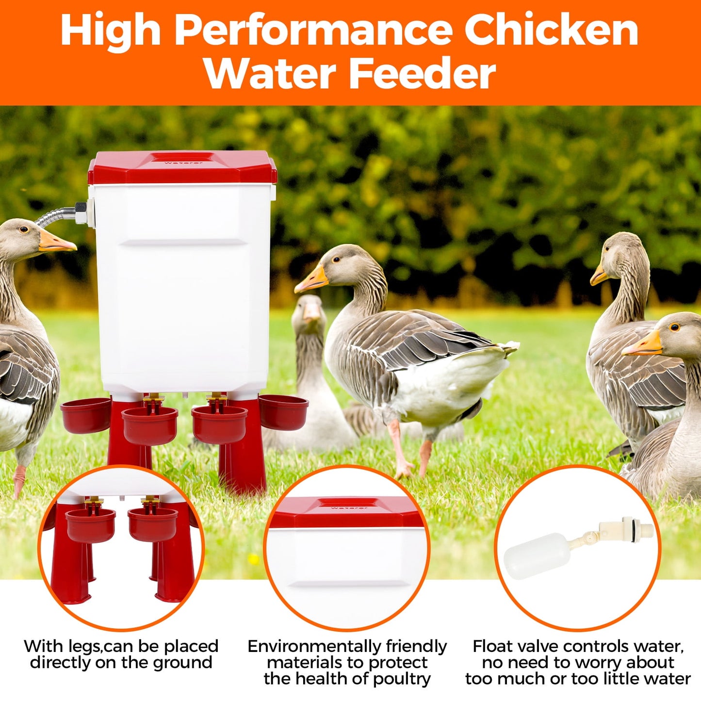 Crtynell Automatic chicken waterer with float control for continuous water supply, Freestanding poultry waterer with adjustable legs, connects to extension hose, suitable for chickens, ducks, turkeys