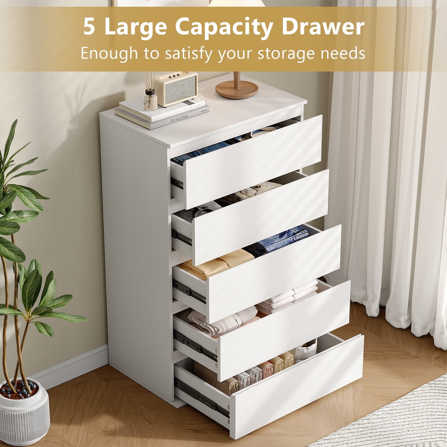 LAFGUR 5 Drawer Dresser for Bedroom, Modern Chest of Drawers, Wood Living Room Storage Cabinet,Black