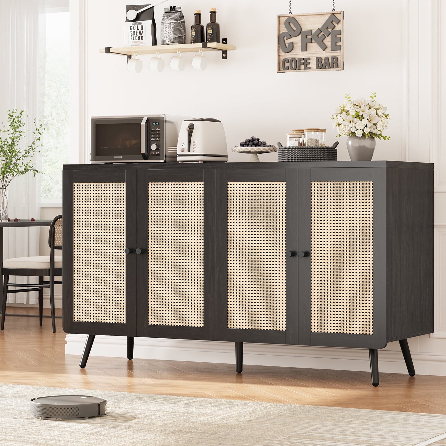 Kitchen Buffet Sideboard Cabinet, 3 Drawers Farmhouse Coffee Bar Storage Cabinet with Adjustable Shelf, White-5539725456