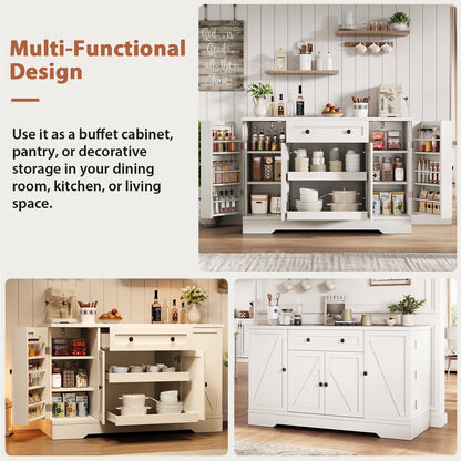 LAFGUR 54" Kitchen Storage Cabinet,Farmhouse Buffet Sideboard with Pull-Out Shelves & Drawer,White